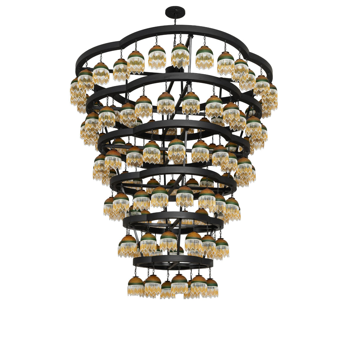 Unlit view of 108 light chandelier with tiered circular frame.