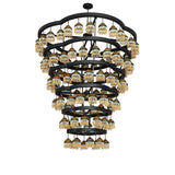 Unlit view of 108 light chandelier with tiered circular frame.