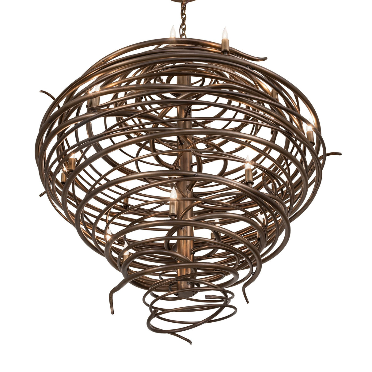 Angled view of chandelier emphasizing flowing iron coils and candle-style sockets.