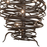 Closeup bottom of Cyclone 20-light chandelier spiral iron design.