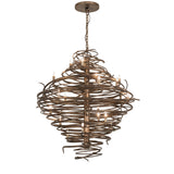 Full view of chandelier featuring swirling hand-forged iron design in antique copper finish.