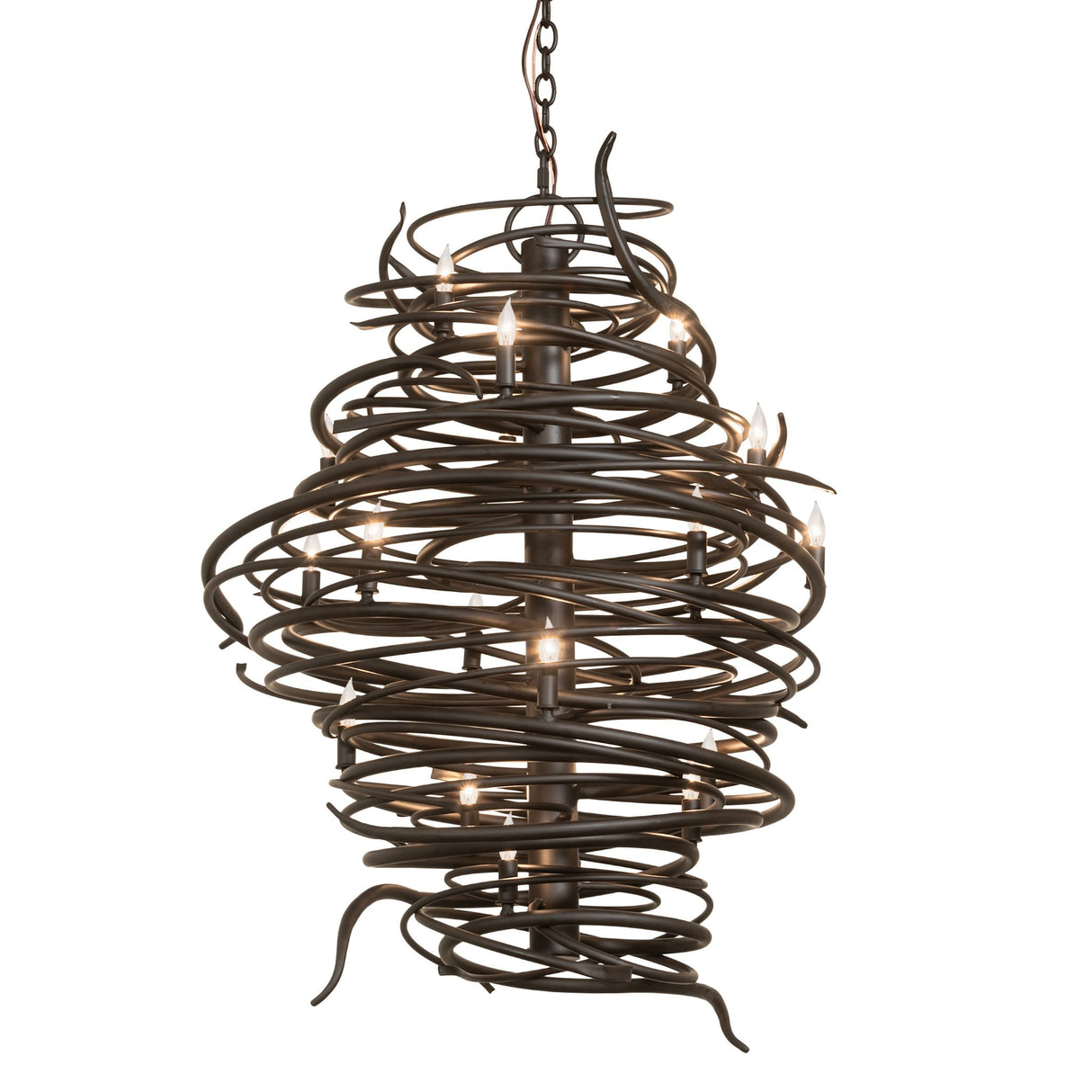 Cyclone 20 light chandelier lit showing swirling iron vortex design.