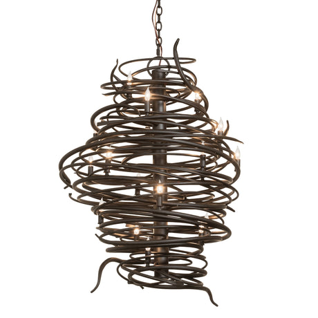 Cyclone 20 light chandelier lit showing swirling iron vortex design.