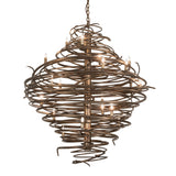 Cyclone chandelier illuminated, featuring swirling antique copper iron bands with candle-style bulbs.