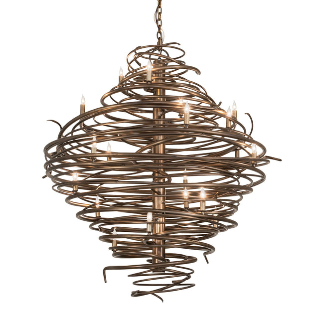Cyclone chandelier illuminated, featuring swirling antique copper iron bands with candle-style bulbs.