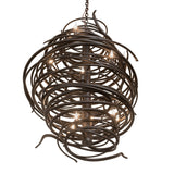 Lower angle view of Cyclone 20 light chandelier spiral iron design.