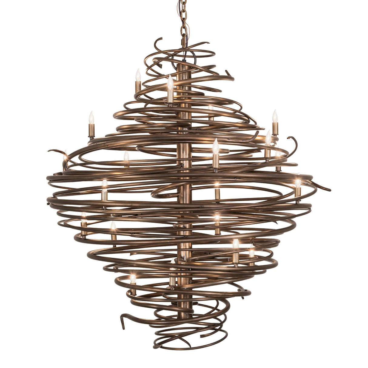 Side angle view highlighting the chandelier’s dynamic spiral iron construction.