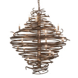 Side angle view highlighting the chandelier’s dynamic spiral iron construction.