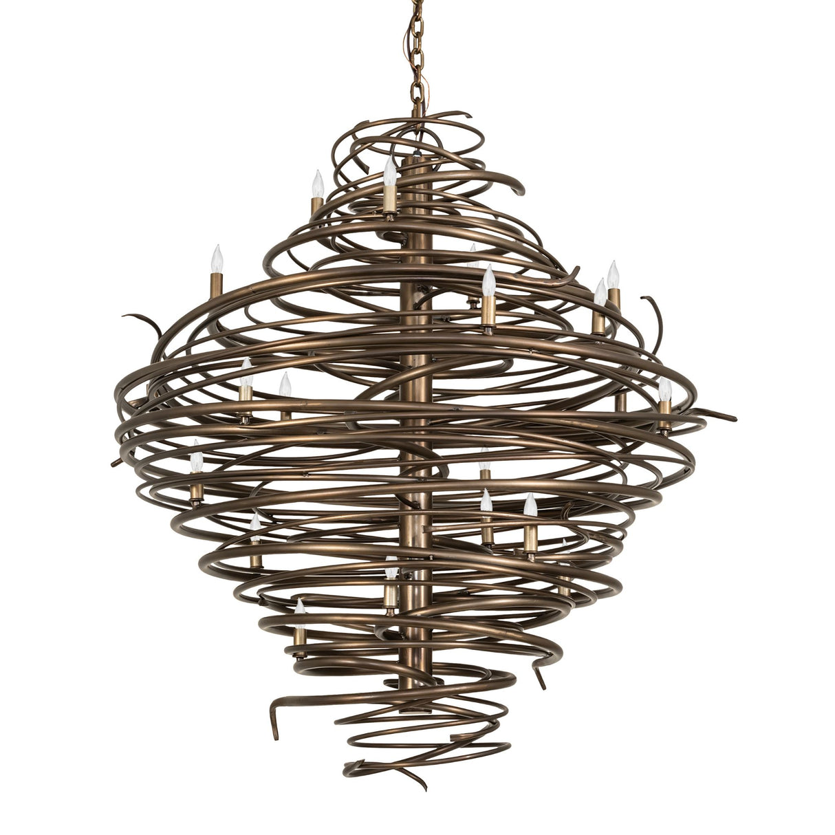 Unlit view of chandelier showcasing layered spiral iron framework in antique copper finish.