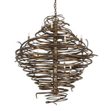Unlit view of chandelier showcasing layered spiral iron framework in antique copper finish.