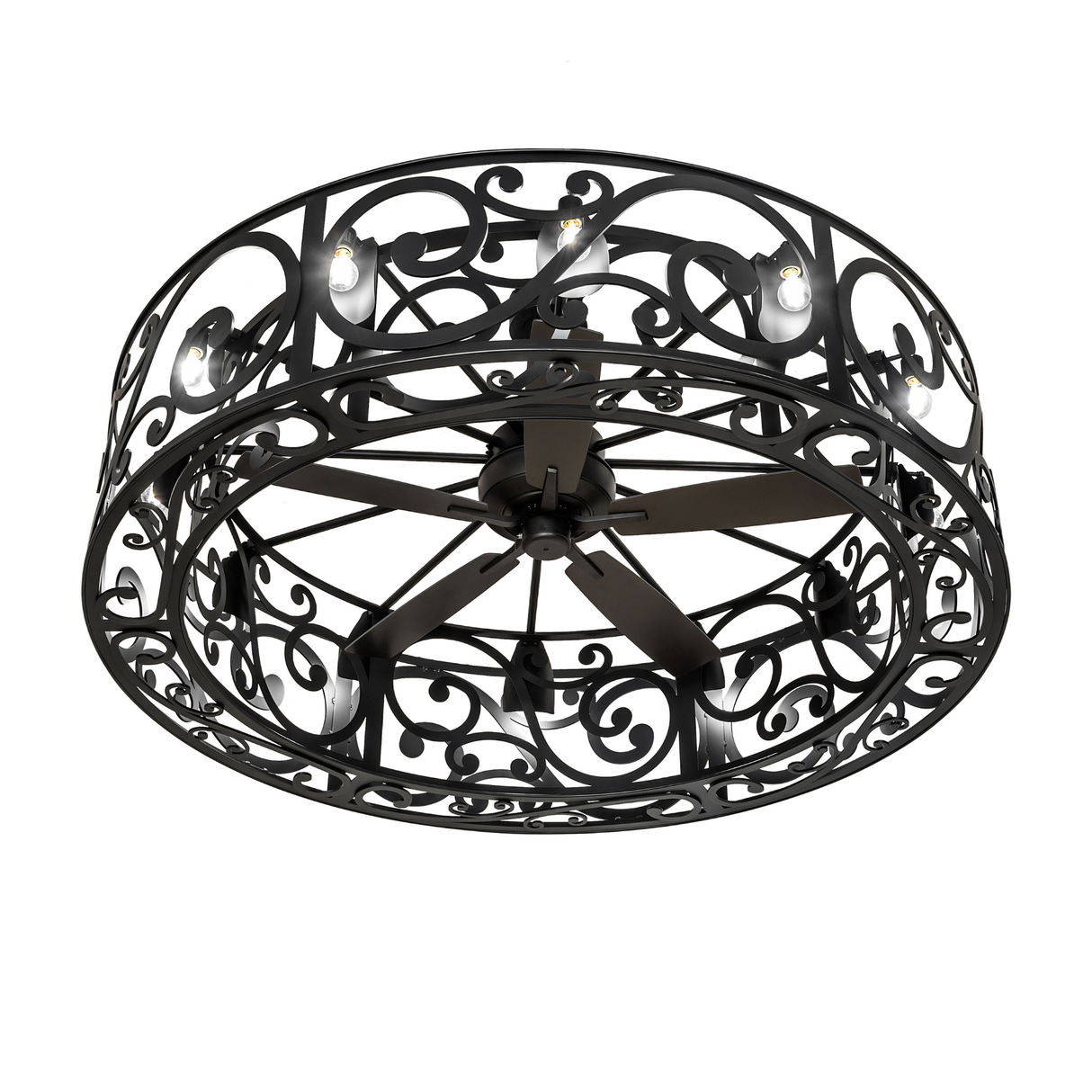 Bottom angle of Dean chandelier revealing fan blades and candle bulbs.