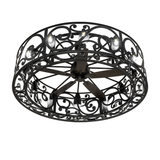 Bottom angle of Dean chandelier revealing fan blades and candle bulbs.