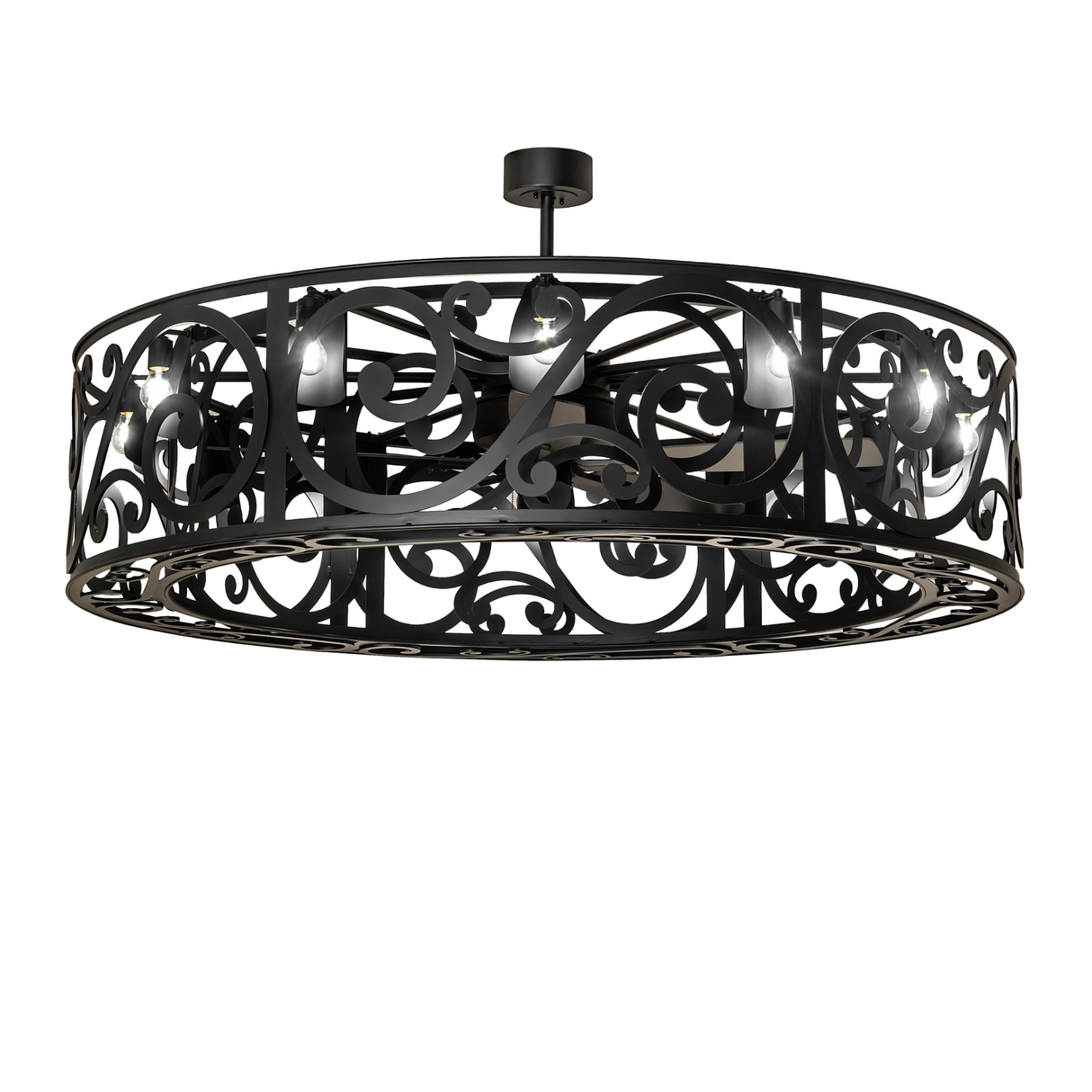 Dean round chandelier fan with ornate scrollwork and glowing candlelights.