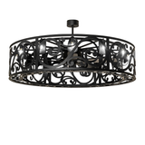 Dean round chandelier fan with ornate scrollwork and glowing candlelights.