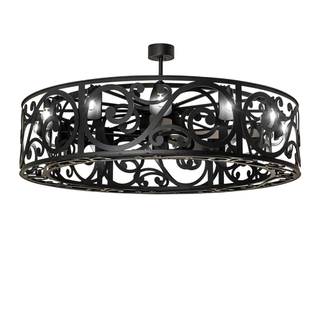 Dean round chandelier fan with ornate scrollwork and glowing candlelights.