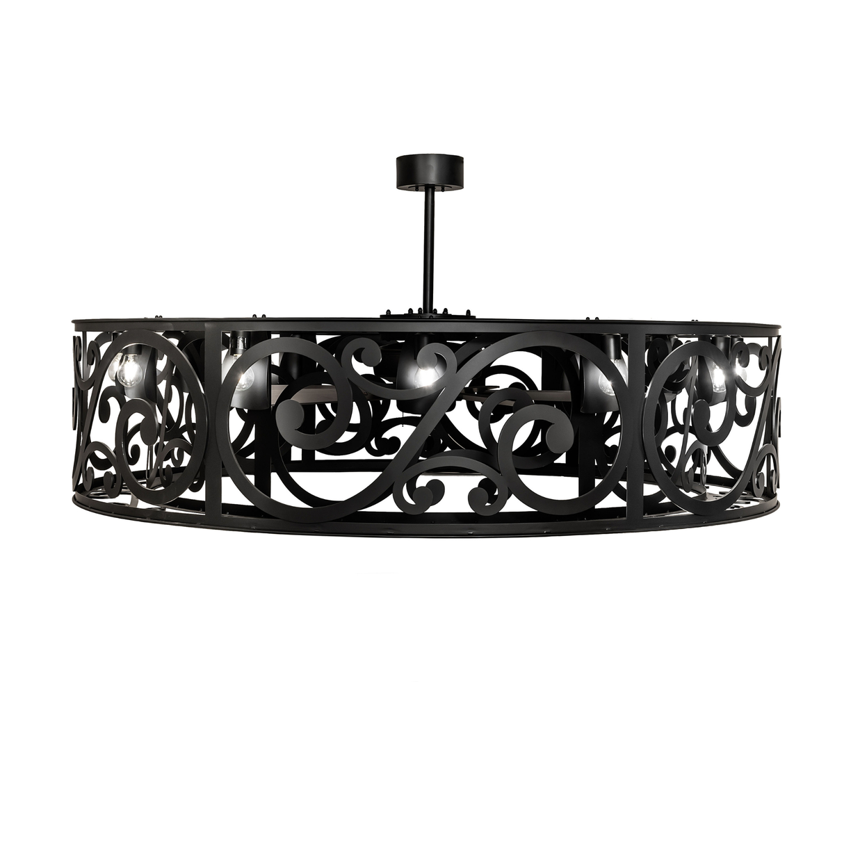 Side profile of Dean chandelier displaying circular scroll pattern and lighting.