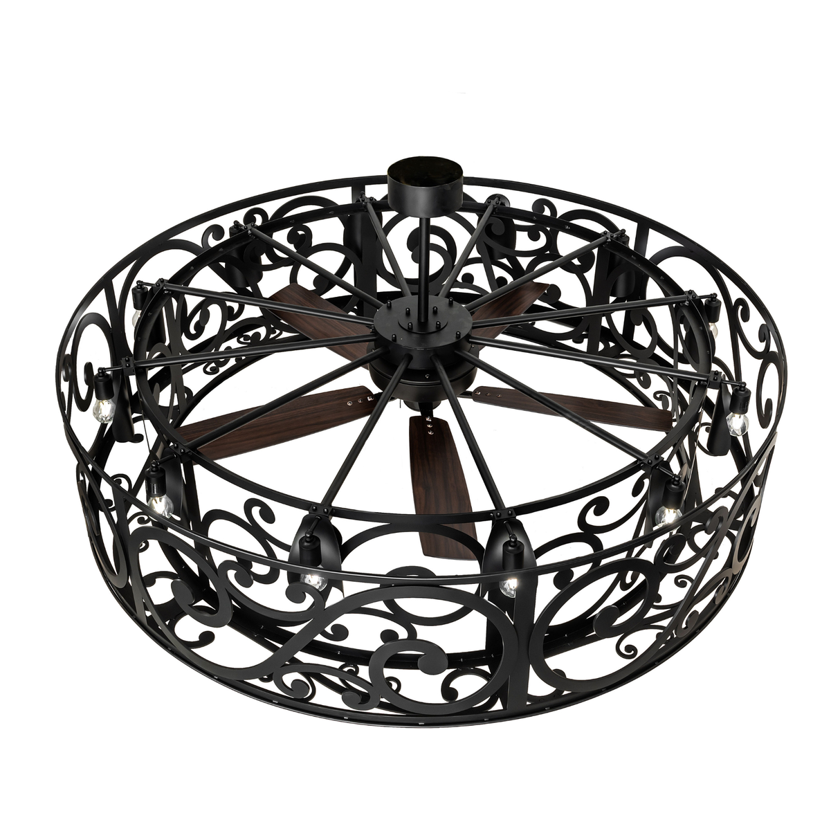 Top view of Dean chandelier showing metal frame and fan structure.