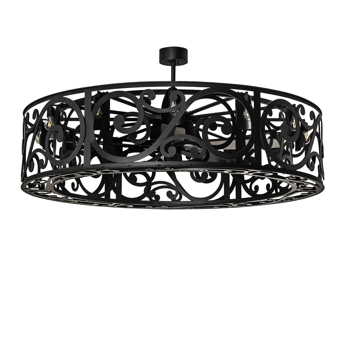 Dean 12 light chandelier fan with intricate black scroll design unlit.