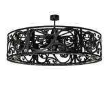 Dean 12 light chandelier fan with intricate black scroll design unlit.