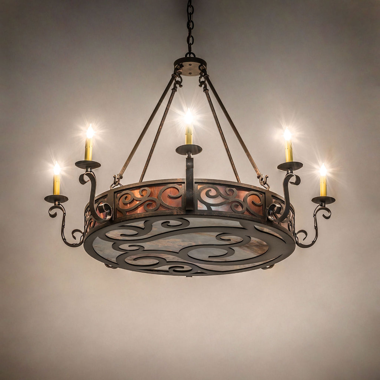 Delano 8 light chandelier glowing in ambient interior setting.