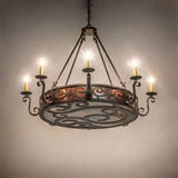 Delano 8 light chandelier glowing in ambient interior setting.
