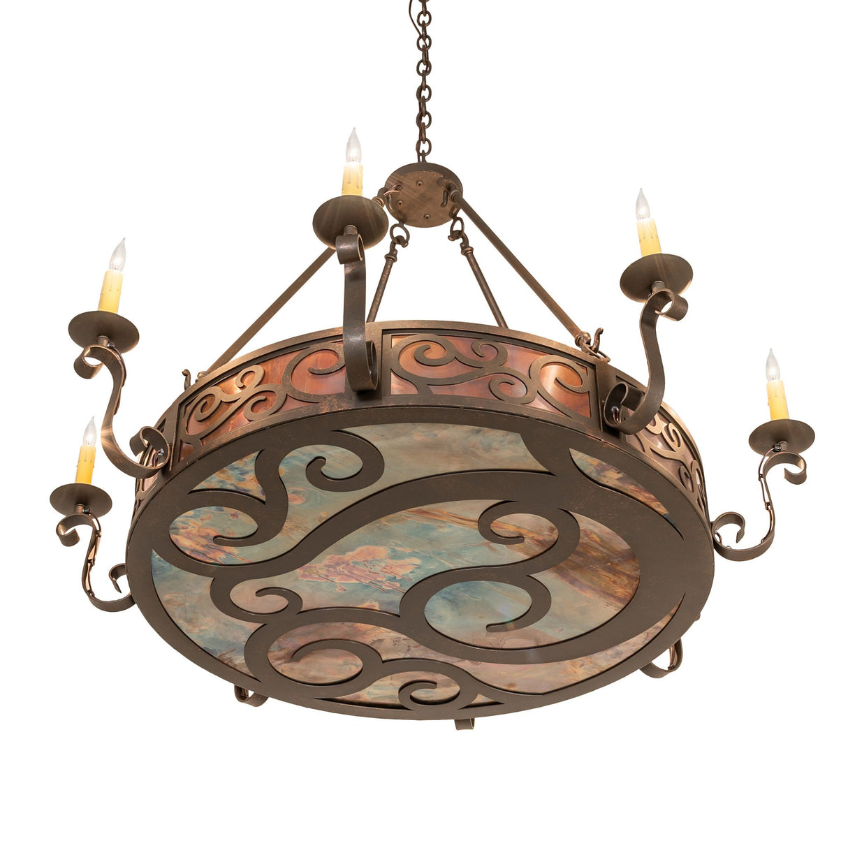 Bottom angle view of Delano chandelier showing decorative underside.