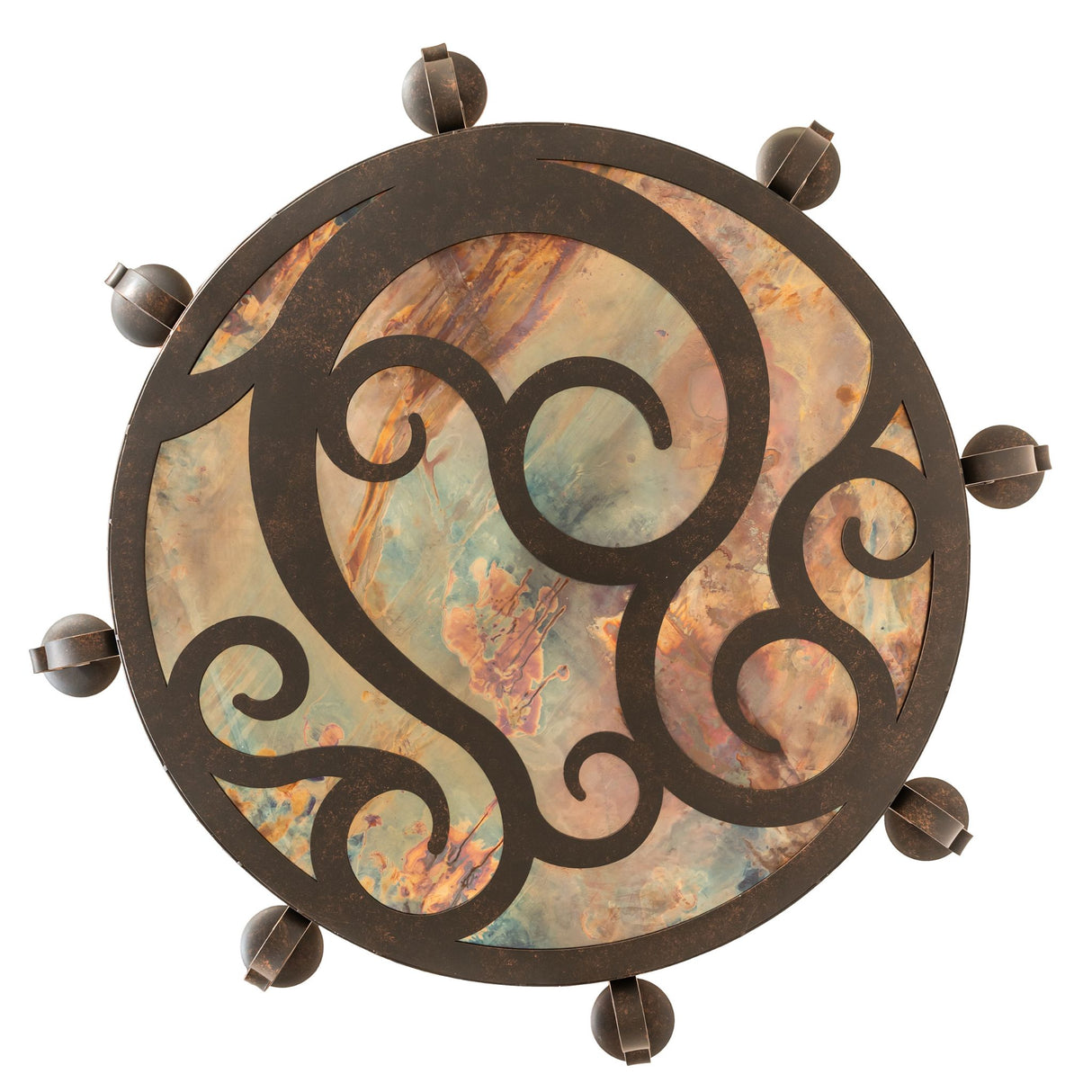 Direct bottom view of Delano chandelier with ornate scroll pattern.