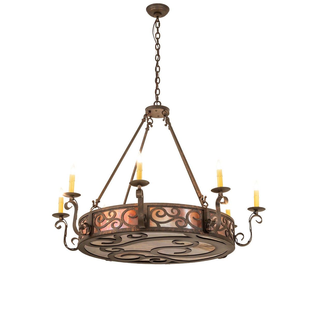 Full view of 42 inch Delano 8 light chandelier in gilded tobacco finish.