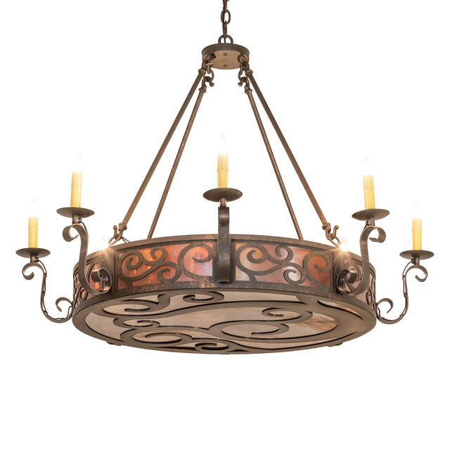 Delano 8 light chandelier lit view with gilded tobacco finish.