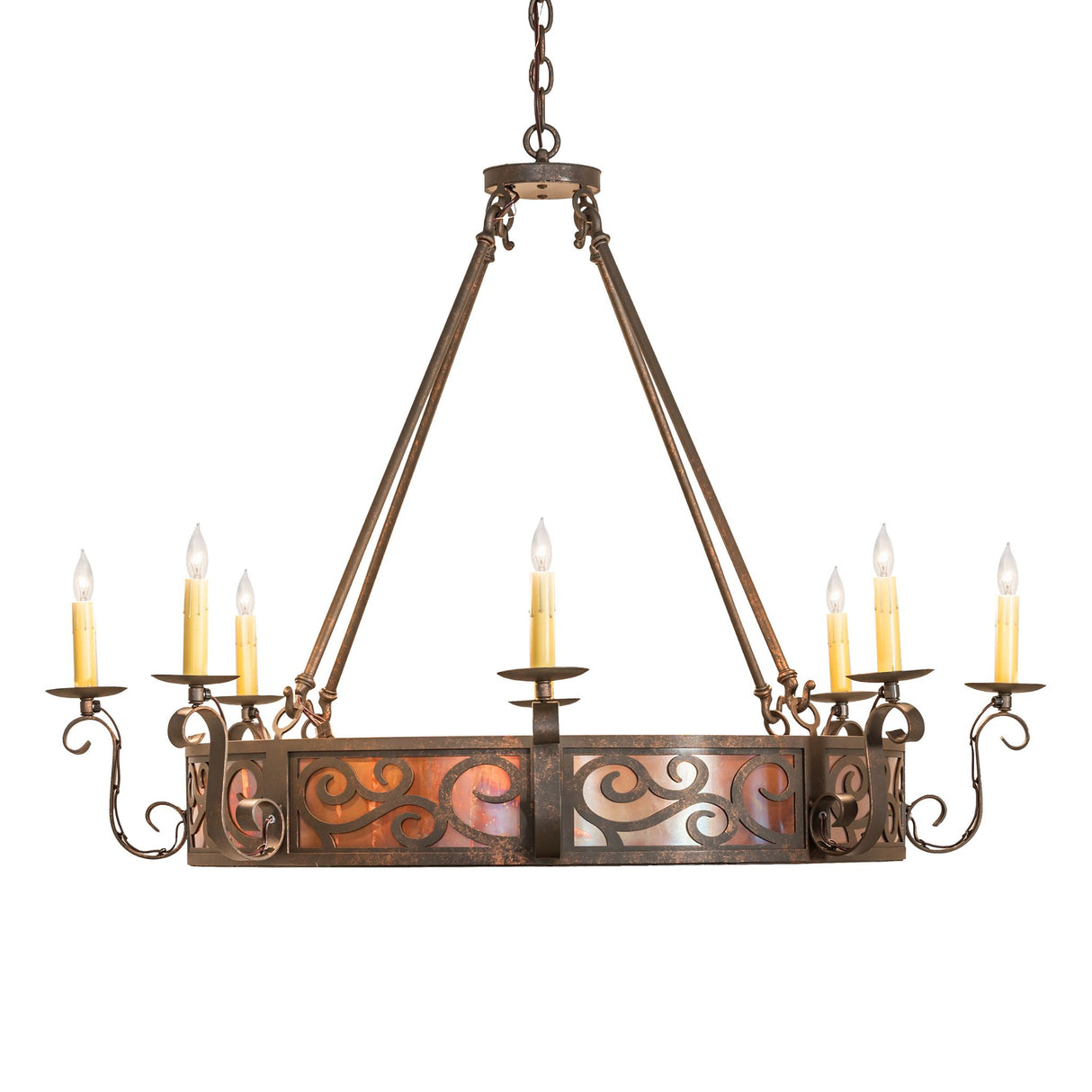 Side view of Delano chandelier with scrolling arms and bobeches.
