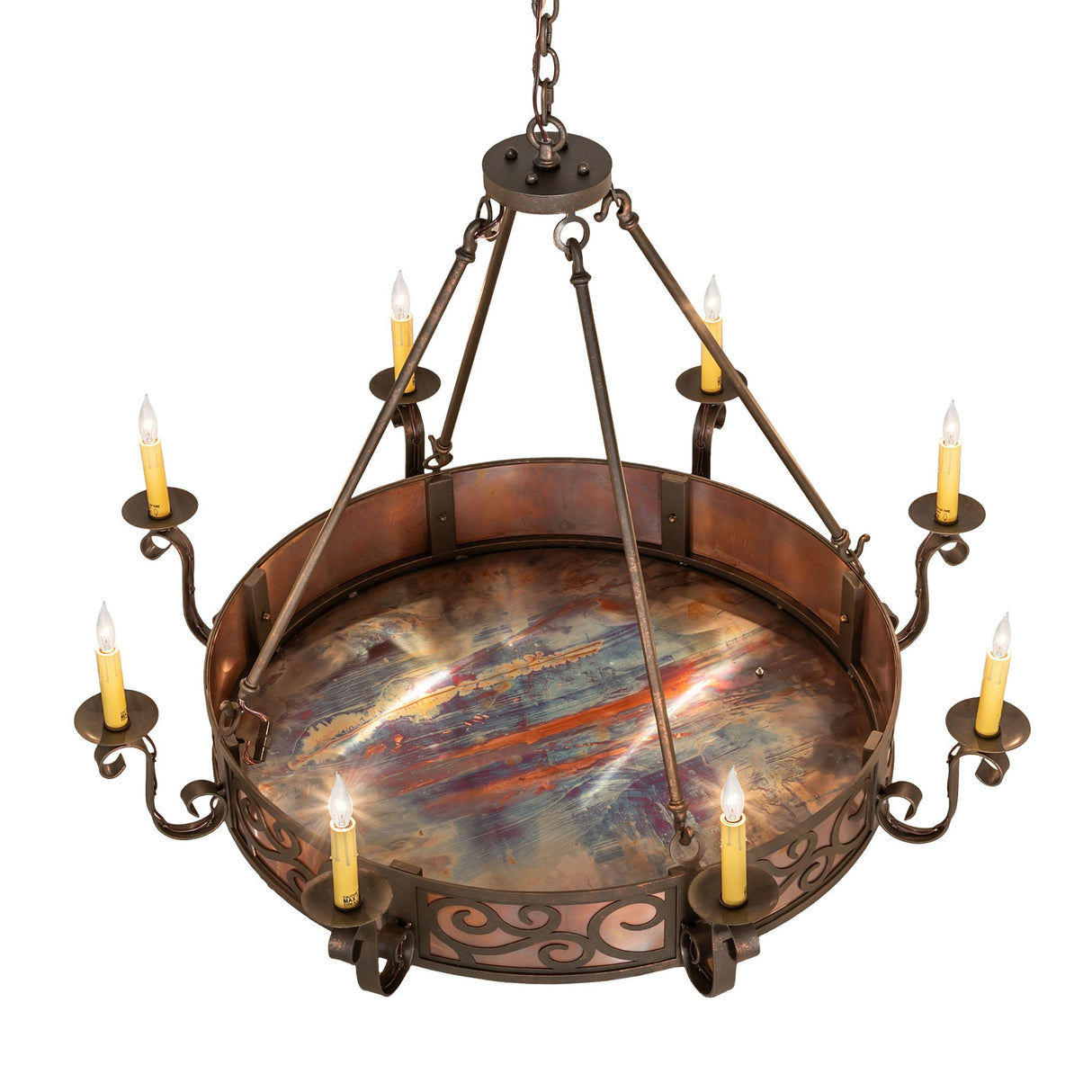 Top view of Delano 8 light chandelier showing circular frame and scrollwork.