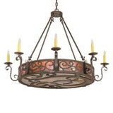 Delano 8 light chandelier unlit showing scroll metal frame.