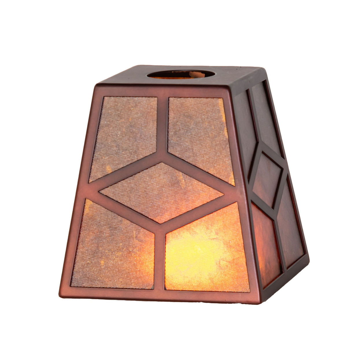 illuminated view of diamond craftsman shade emitting a warm glow.
