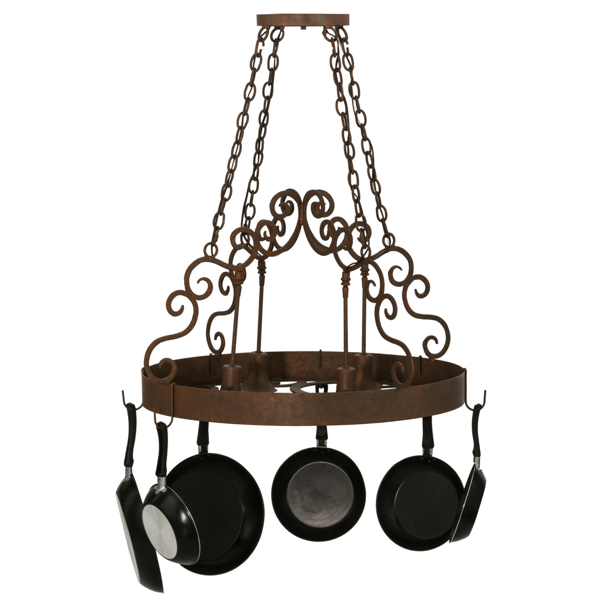 Side view of Dior 4-light round kitchen pot rack chandelier.