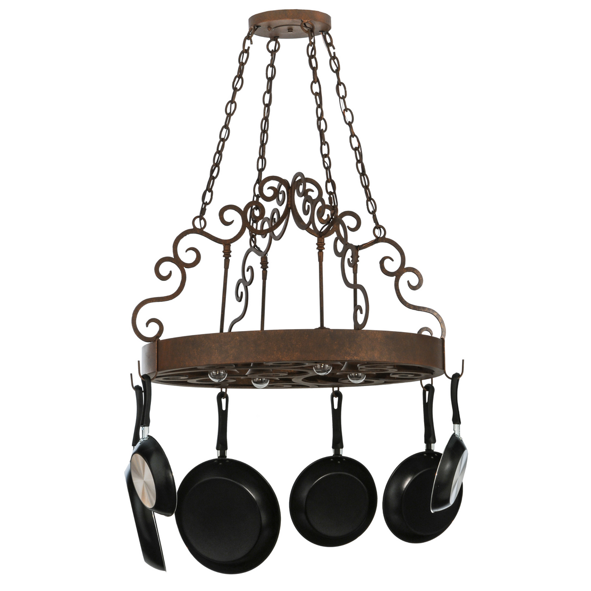Dior pot rack chandelier angled view showing scrollwork.