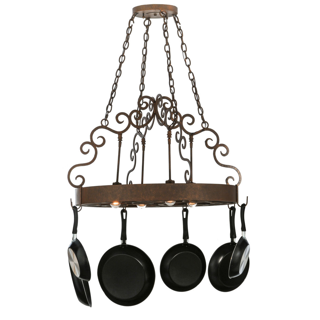 Dior pot rack with elegant scroll accents and downlights.