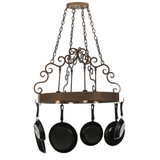 Dior pot rack with elegant scroll accents and downlights.