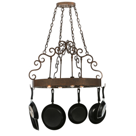 Dior pot rack with elegant scroll accents and downlights.