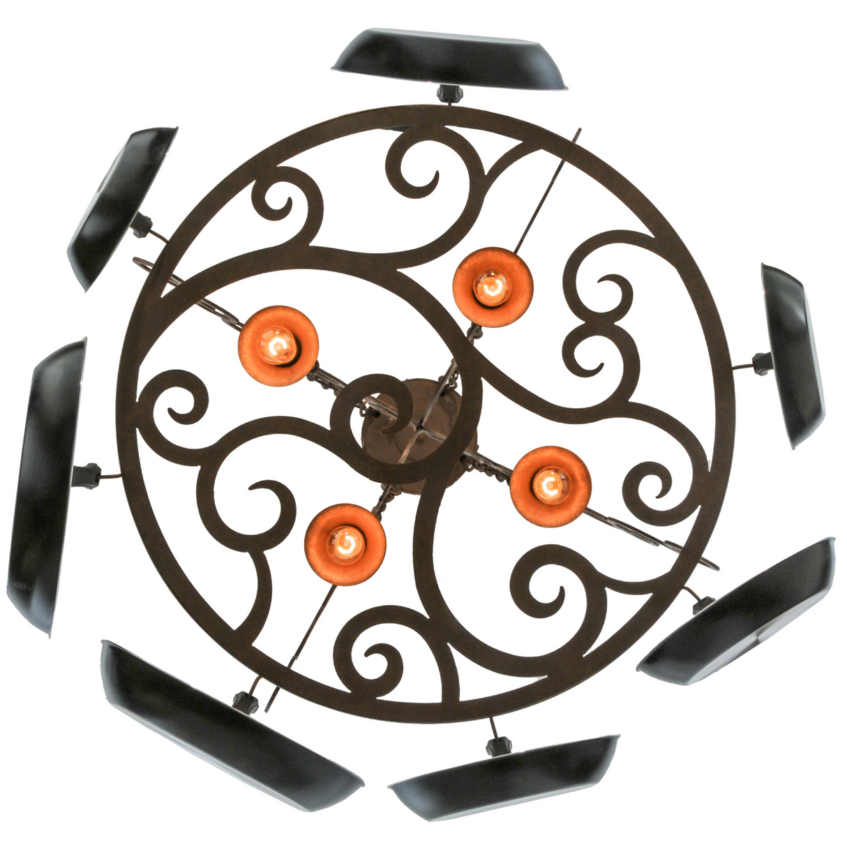 Bottom view showing Dior pot rack chandelier downlights.