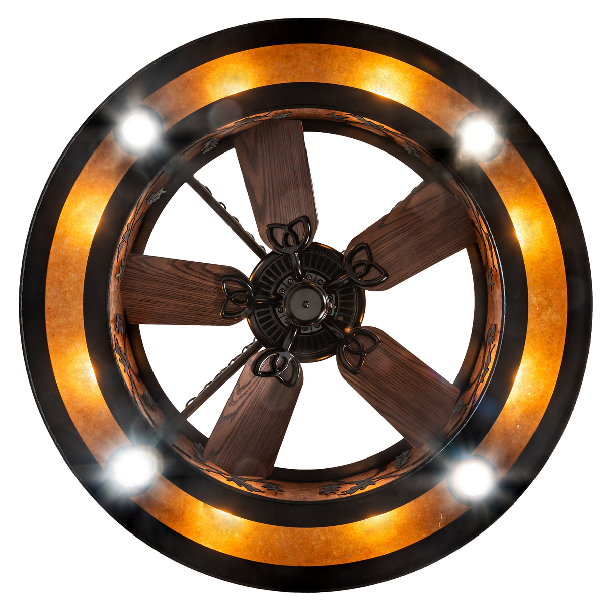 Bottom lit view showing detailed fan and circular light layout.
