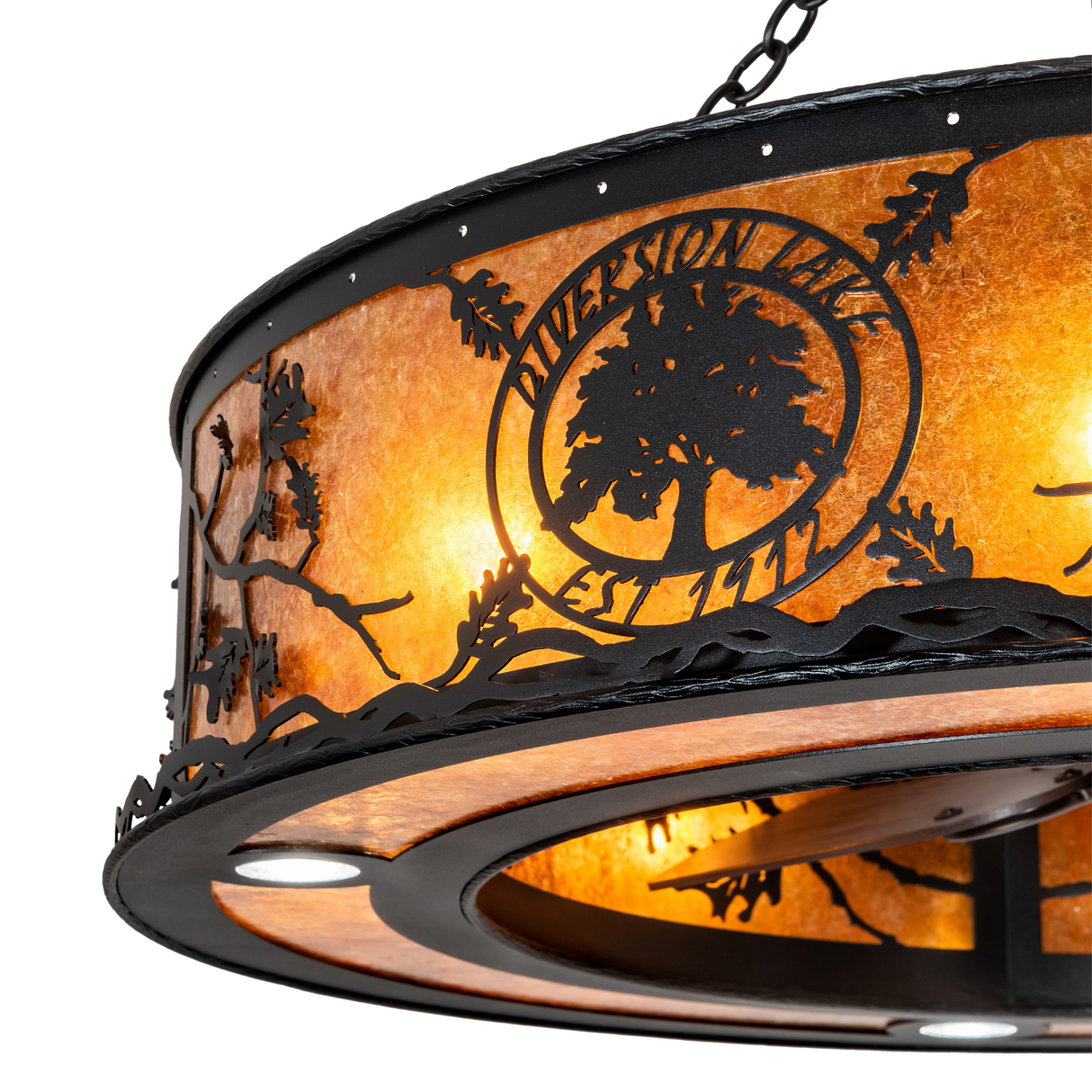 Close-up of Diversion Lake logo and oak branch design on mica shade.