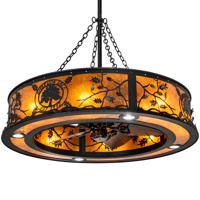 Front angle lit view of Diversion Lake Chandel-Air with oak leaf design.