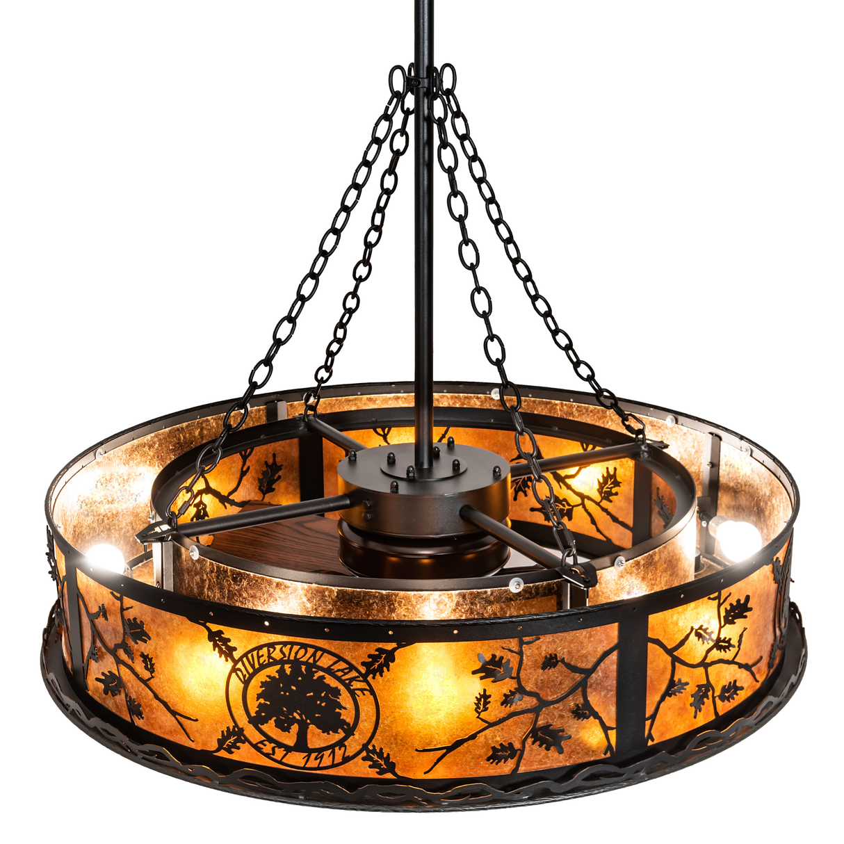 Overhead lit view showing integrated fan and amber mica diffuser.