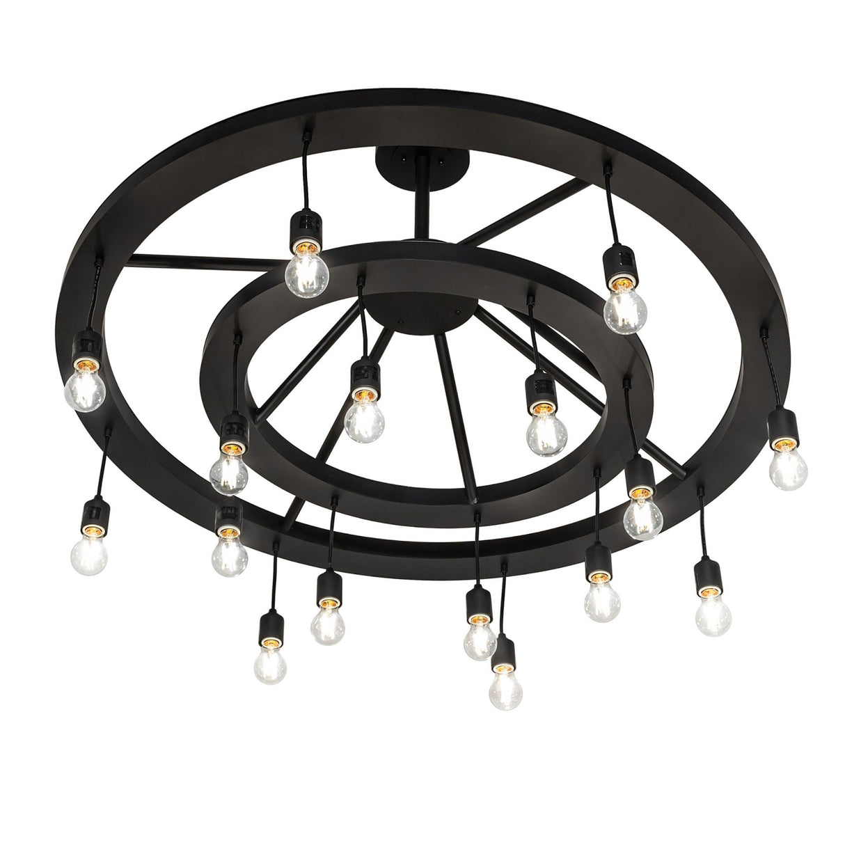 Donner 16 light chandelier bottom angle view showing exposed Edison bulbs.