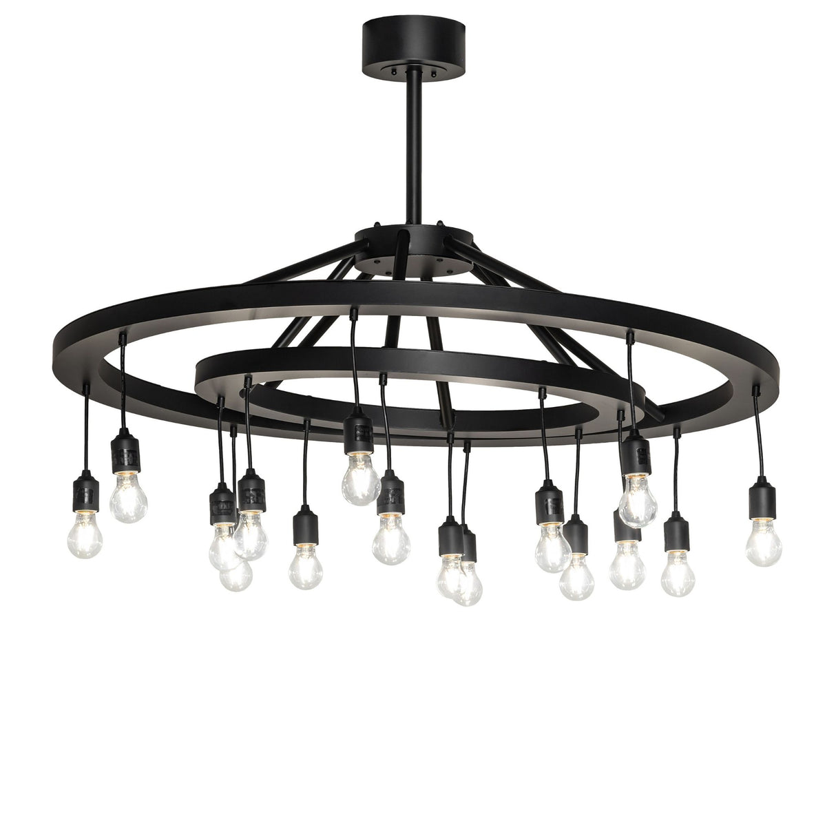Donner 16 light chandelier with solar black dual ring design, lit view.