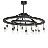 Donner 16 light chandelier with solar black dual ring design, lit view.