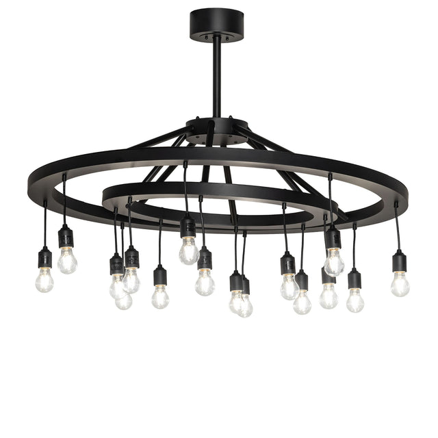 Donner 16 light chandelier with solar black dual ring design, lit view.