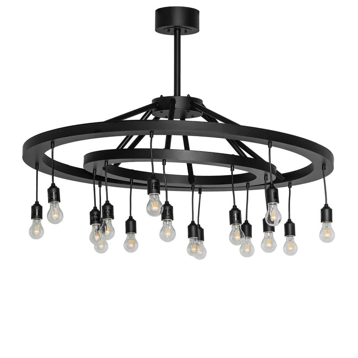 Donner 16 light chandelier with solar black rings, unlit view.
