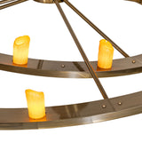 Closeup of chandelier spokes, lights and metal framework.
