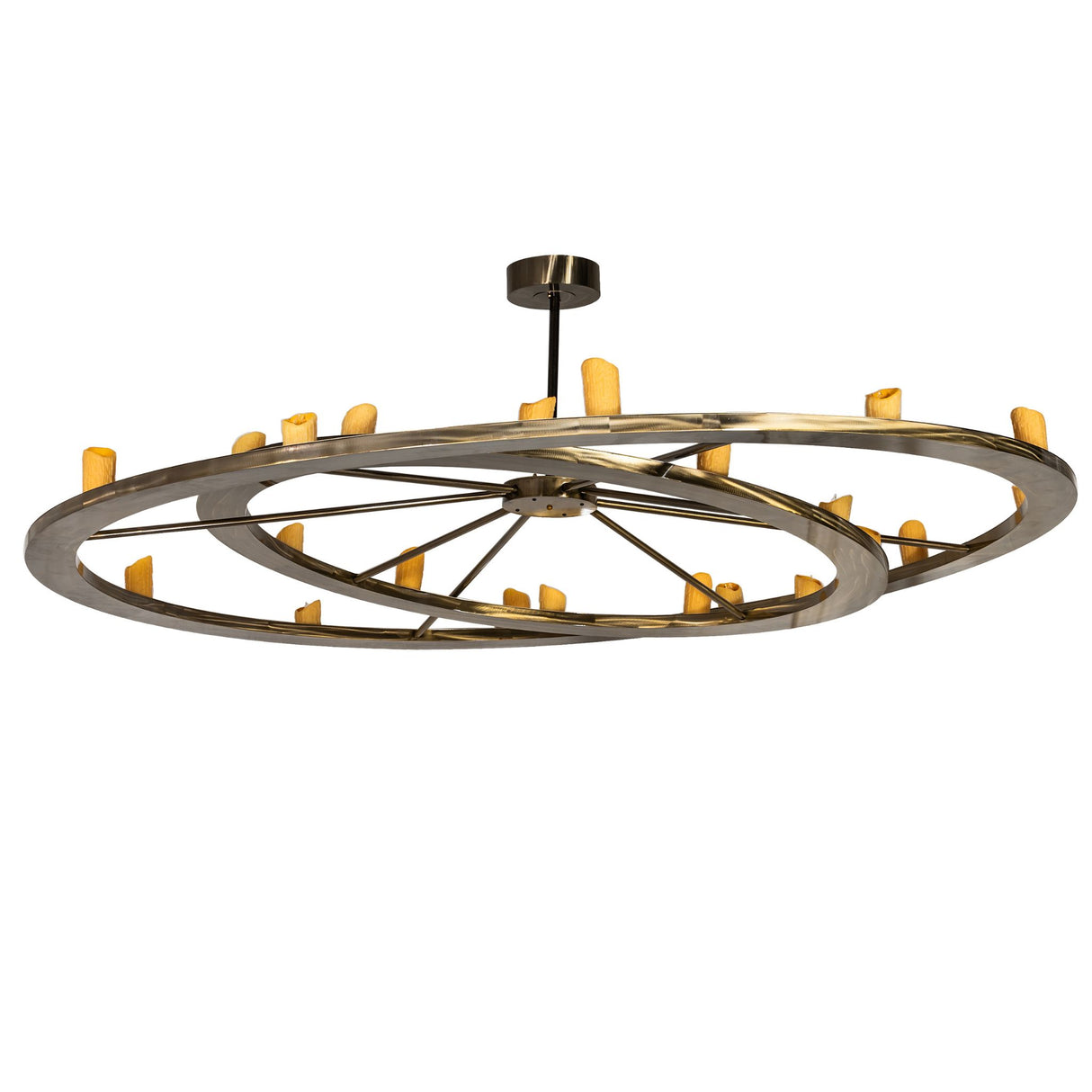 Donner 24 light chandelier with sculptural brass ring design, unlit.